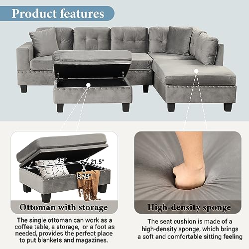 P PURLOVE Sectional Sofa Couch with Reversible Chaise and Ottoman, Polyester L-Shape Couch with 2 Pillows and Cup Holder