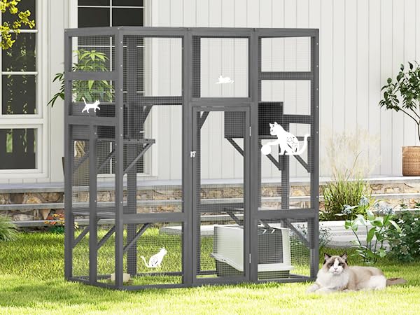 COZIWOW 70Inches Large Stable Spacious Wooden Catio Outdoor Cat Enclosure with Perches and Condos, Cat Cage Indoor with Waterproof Roof
