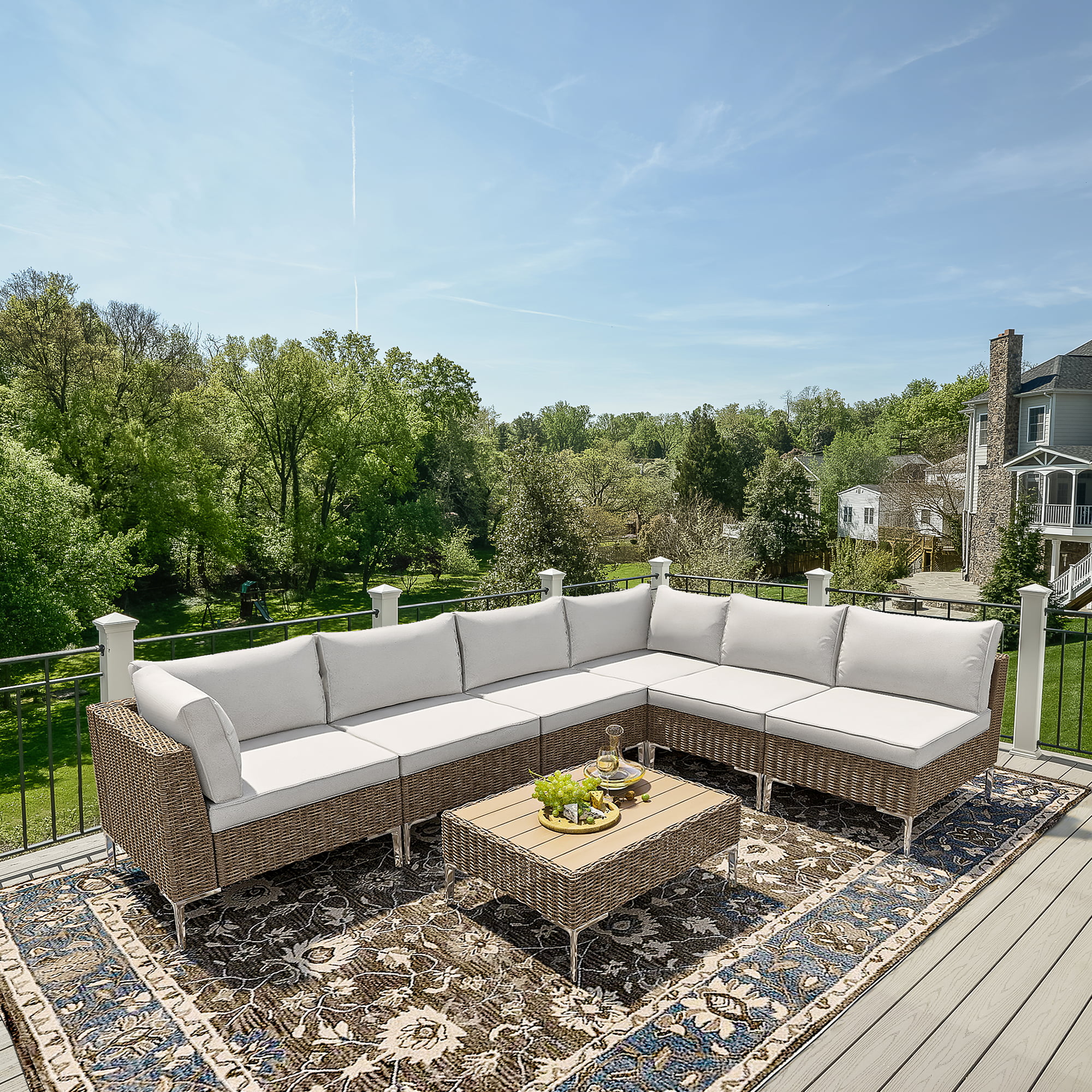 Homrest 7 Piece Patio Furniture Set Outdoor Sectional Sofa Conversation Set Half-Round Rattan Wicker Outdoor Furniture Set with Soft Cushion for