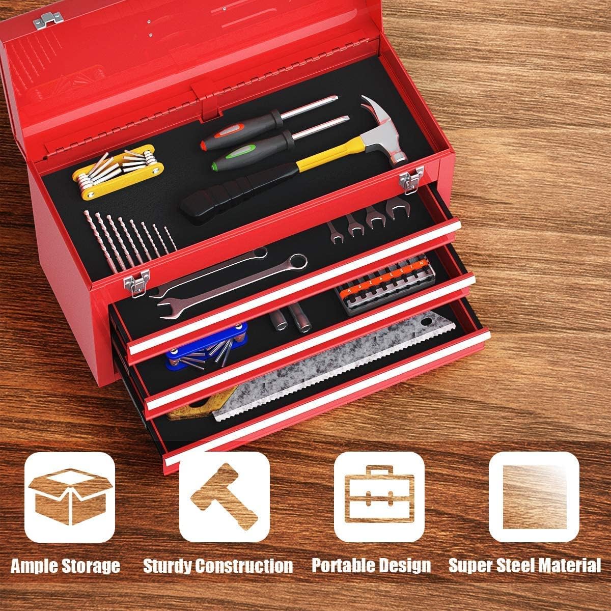 Happytools Portable Tool Box, Lockable Steel Tool Chest Cabinet w/ 3 Drawers & Top Tray, 3-Drawer Toolbox for Household, Warehouse, Repair shop
