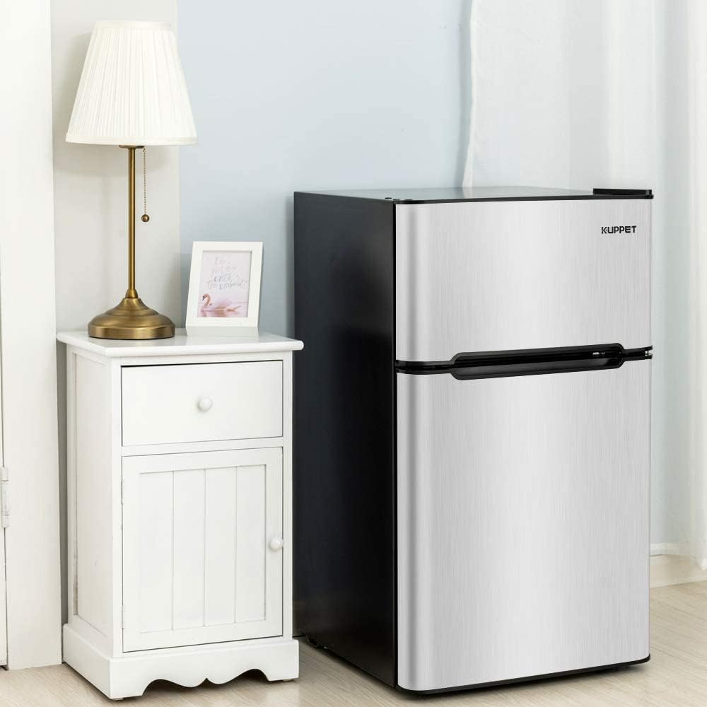 3.2 Cu.Ft Mini Refrigerator Compact Refrigerator Mini Fridge Stainless Steel with Freezer,2 door, for Dorm,Garage, Camper, Basement or Office,Silver
