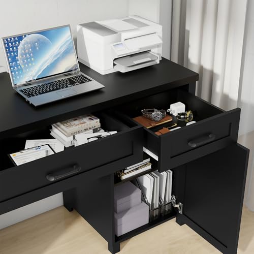 Farmhouse 61'' Executive Desk with 5 Drawers, Rustic Office Desk Computer Desk with Charging Station, File Drawers and Storage Cabinet