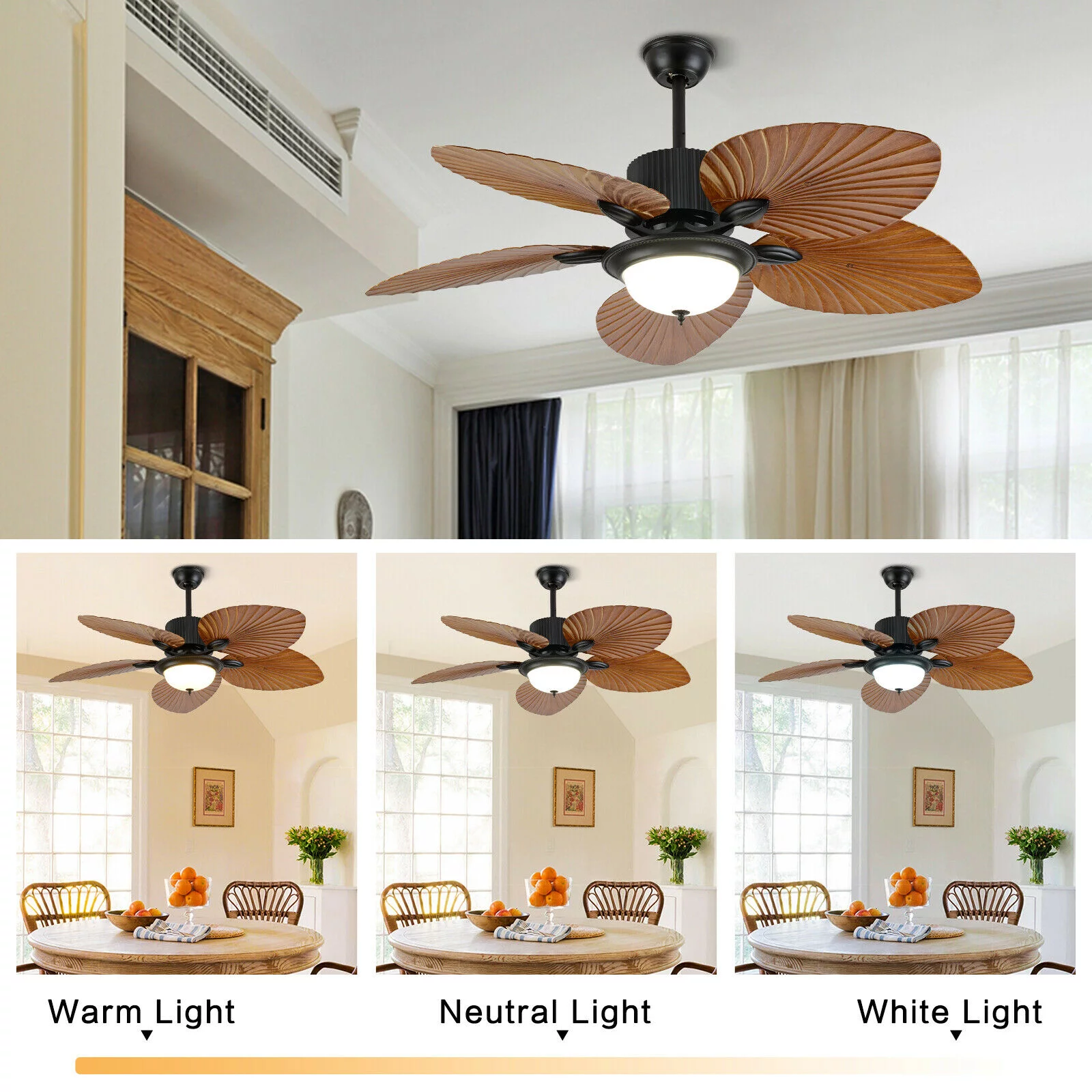Miumaeov 52inch Tropical Palm Ceiling Fan with Light and Remote 5 Acrylic Palm Leaf Blades Tropical Ceiling Fan for Living Room Kitchen Bedroom