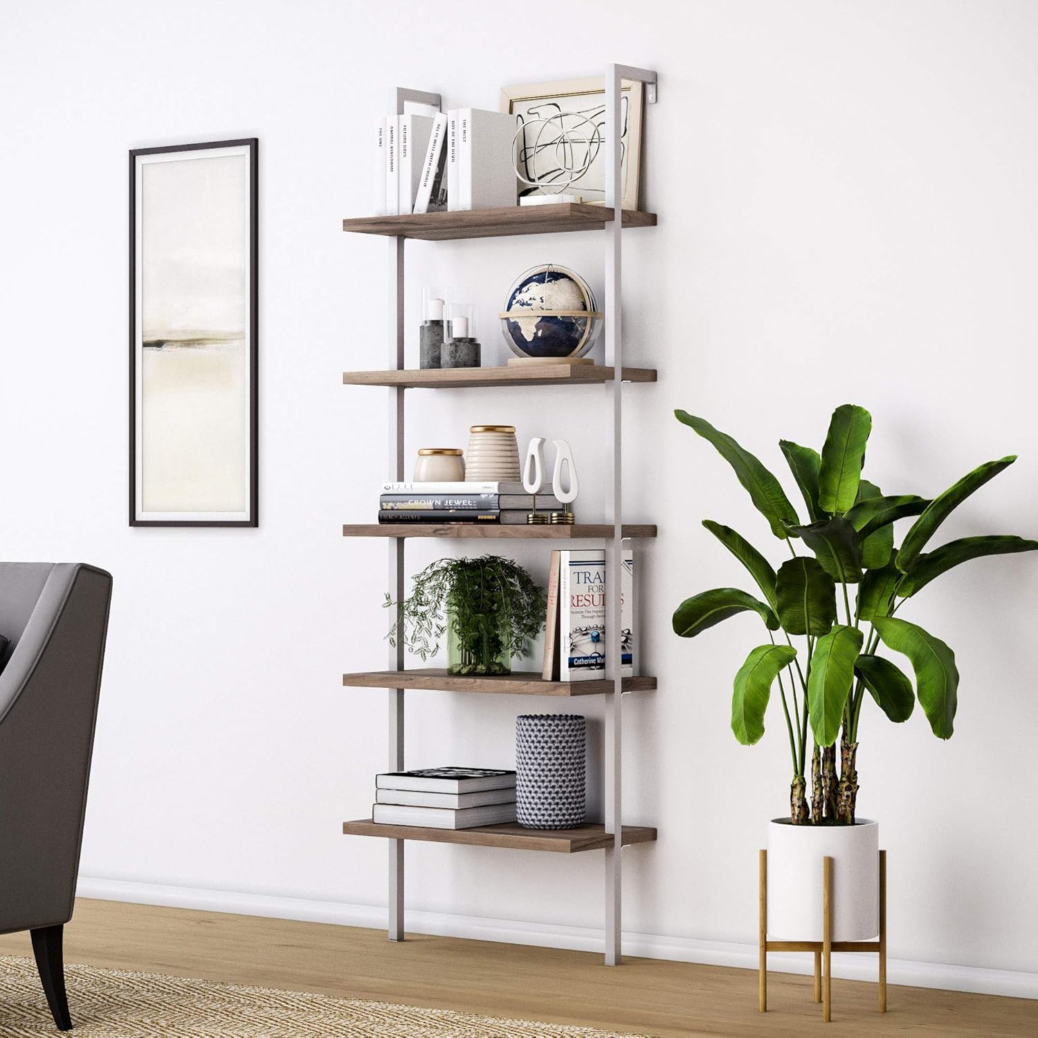 Nathan James Theo 5-Shelf Modern Bookcase, Open Wall Mount Ladder Bookshelf with Industrial Metal Frame, White/Gold