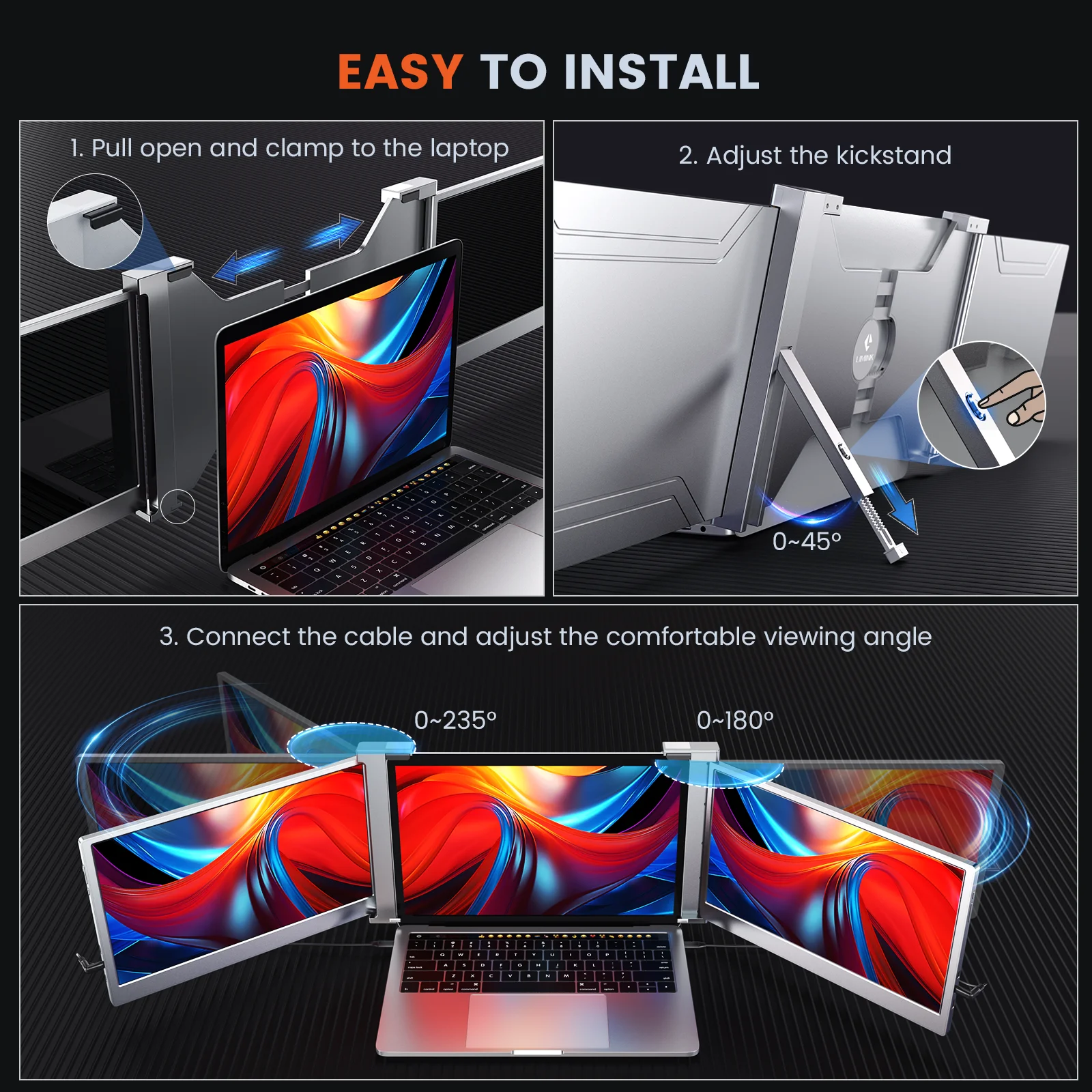 LIMINK Portable Triple Monitor Extender with 14inch Screen Used for 15-17inch Laptop Workstation Laptop Expansion Screen FHD 1080P Folding Screen IPS