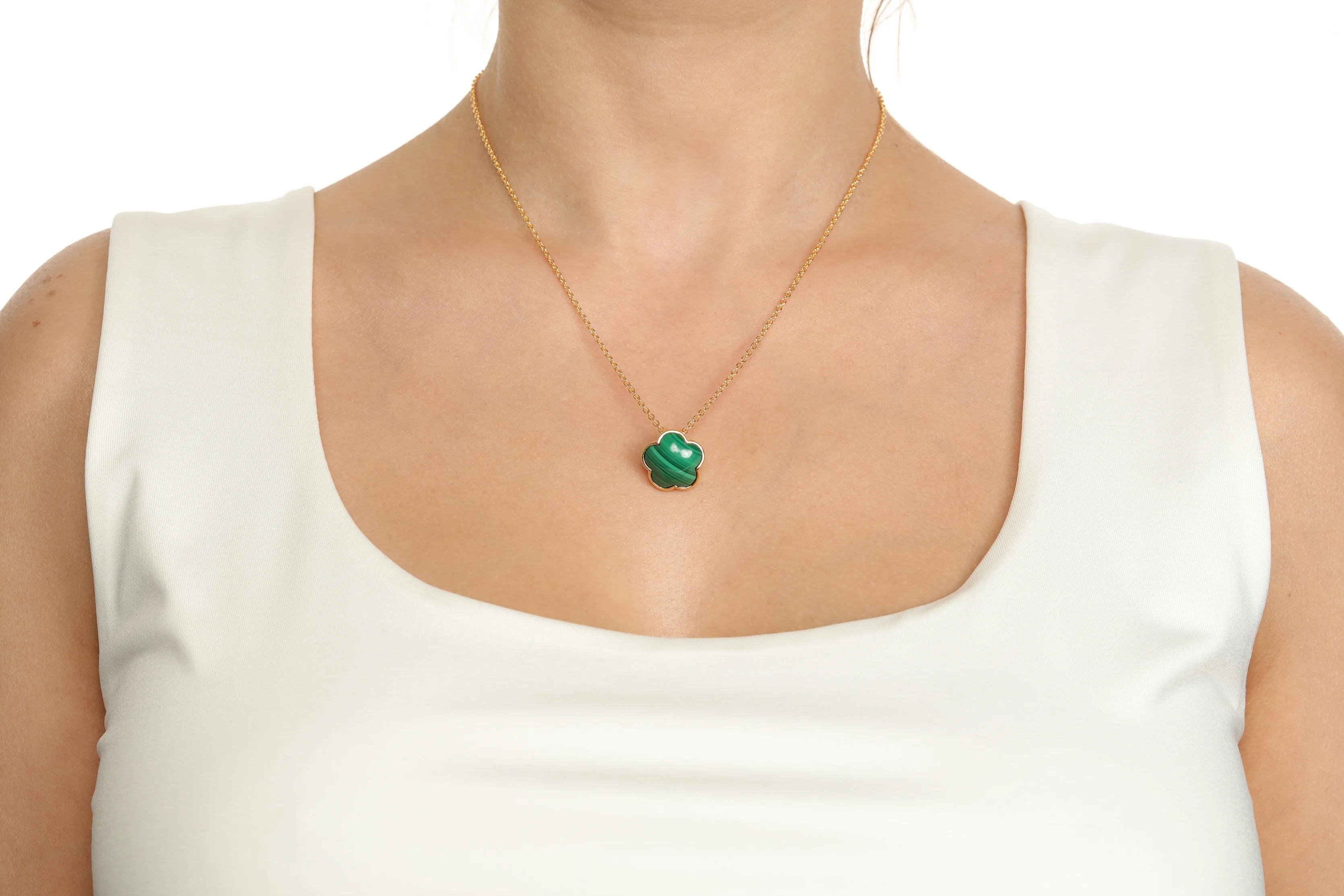 Green Malachite Five Petal Flower Pendant Necklace for Women in 925 Sterling Silver with Yellow Gold Plating on 18 Inch Chain with Spring Ring by