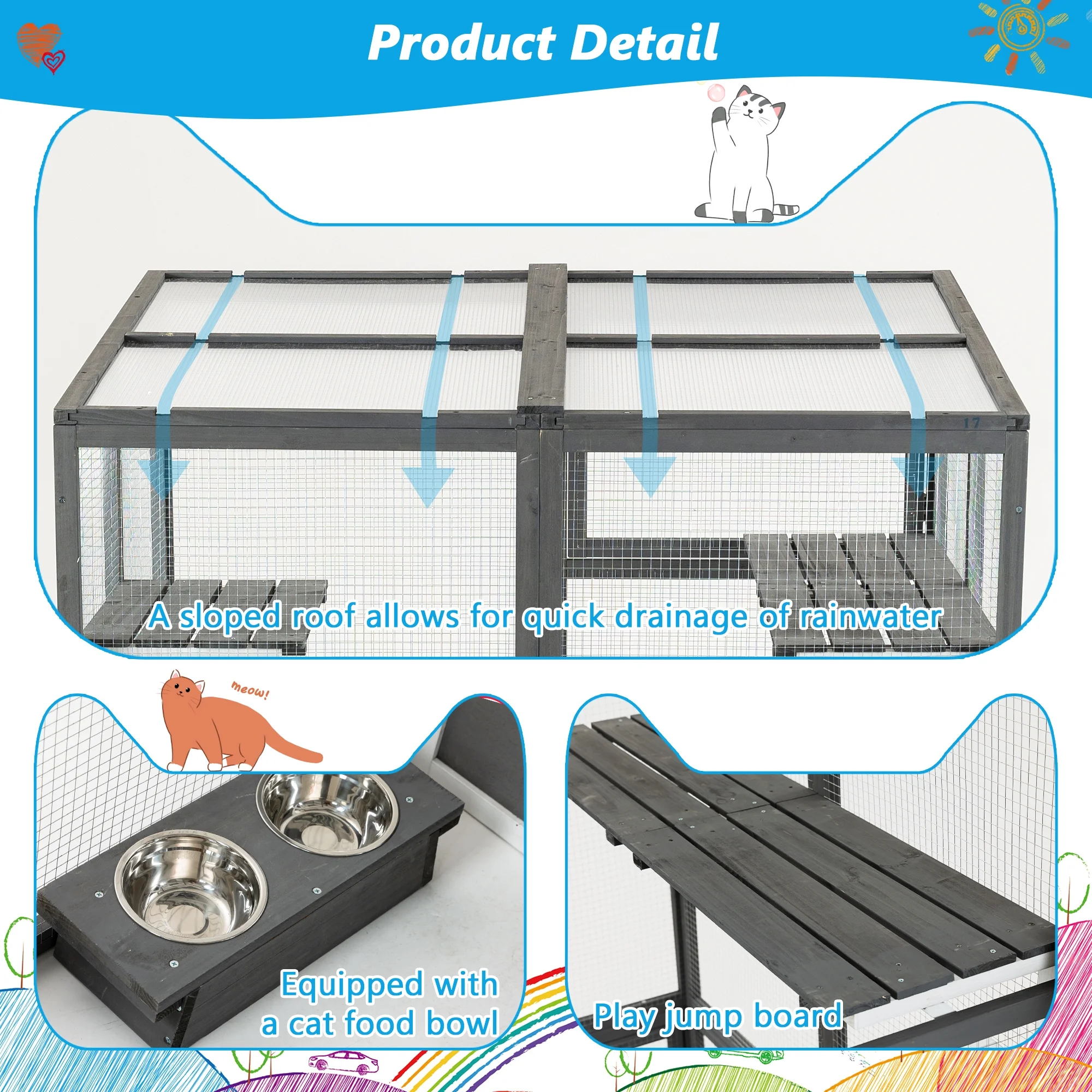 Montary Catio Outdoor Cat Enclosure with Window Access, 4-Tier Cat House with Wheels, Waterproof Roof &amp; Resting Box, Large Gray Cage