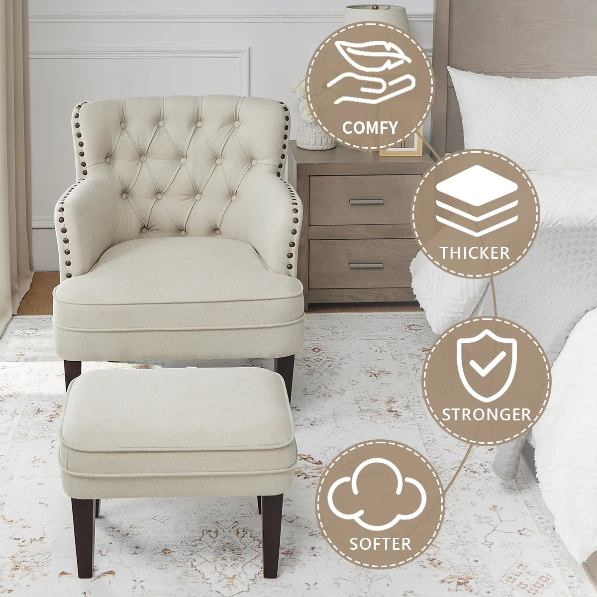 L'AGRATY Accent Chair with Ottoman, Tufted Armchair and Ottoman for Bedroom Living Room, Beige