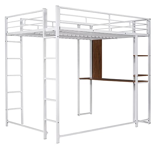 Metal Loft Bed with Wardrobe and L-Shaped Desk, Full Size Loft Bed with Storage Cubes and Shelves, Heavy Duty Loft Bed for Kids Teens, White