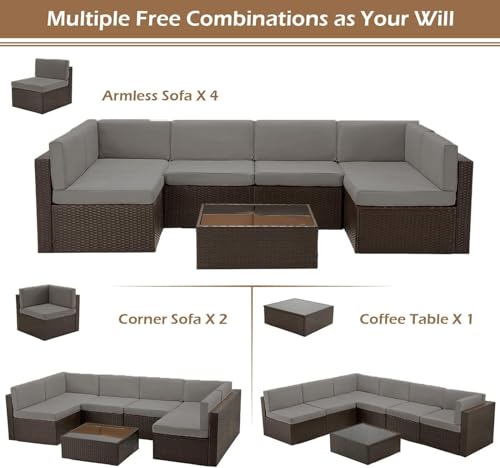 U-MAX 7 Piece Outdoor Patio Furniture Set, PE Rattan Outdoor Wicker Sectional Furniture Chair Set with Cushions and Tea Table