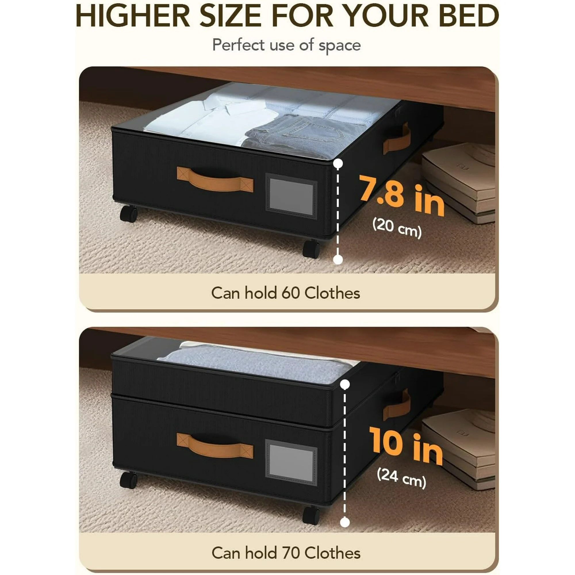4 Pack Under Bed Storage with Wheels, Adjustable Height Storage Containers, 10 inches Large Capacity Rolling Underbed with Lids