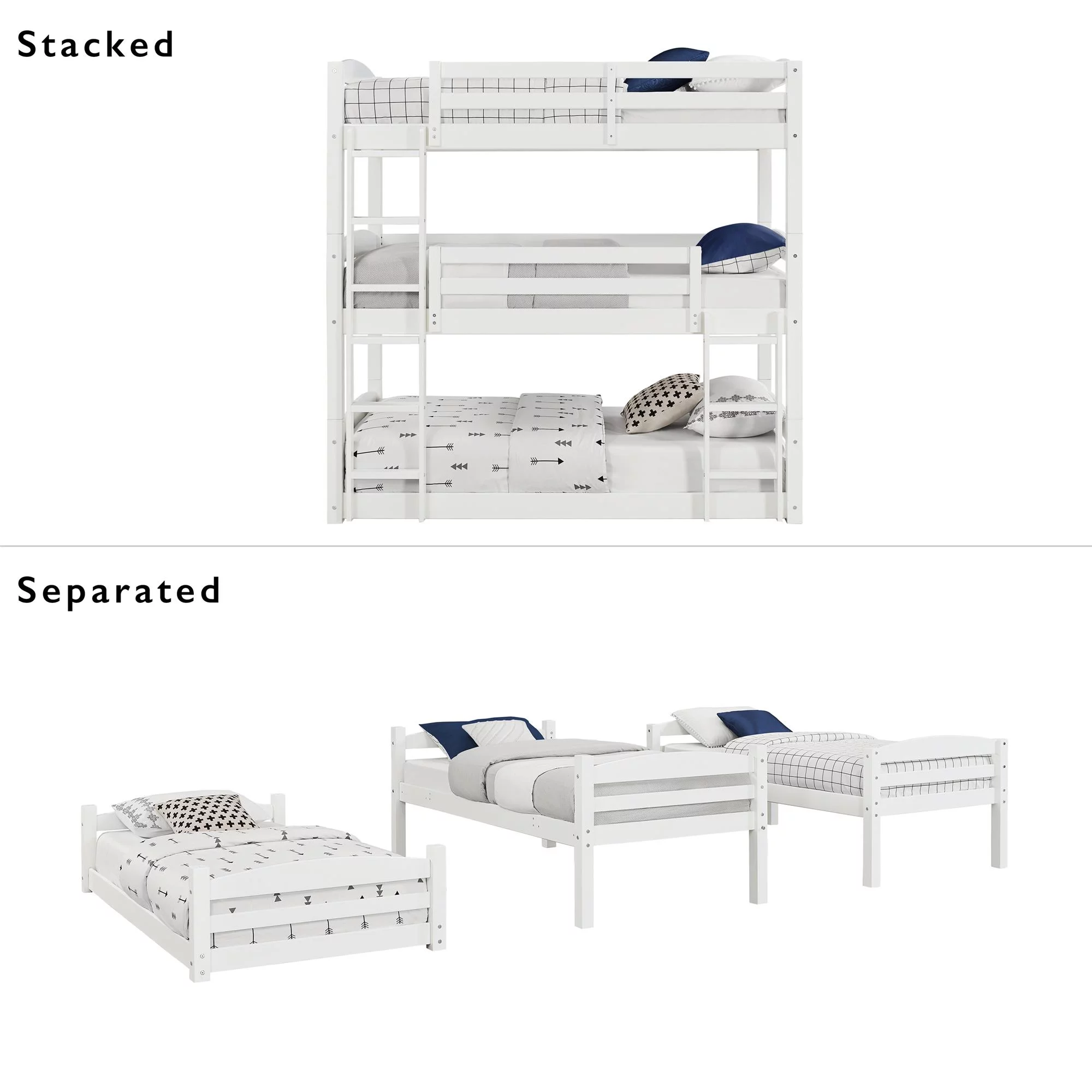Better Homes & Gardens Tristan Kids' Convertible Triple Bunk Bed, Twin Over Twin Over Twin, White