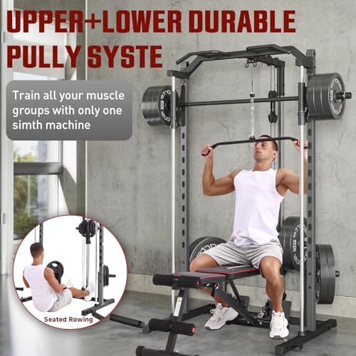 OPPSDECOR Power Cage, Multi-Function Power Rack with Adjustable Cable Pulley System, Squat Rack with Pull-up Bar, J-Hooks