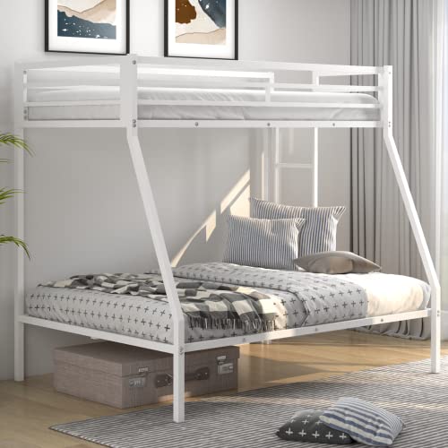 KOMFOTT Twin Over Full Bunk Bed with Trundle, Heavy-Duty Metal Bunk Bed Frame with Guardrail & 2 Ladders, Space-Saving Bunk Bed for Kids/Teens/Adults