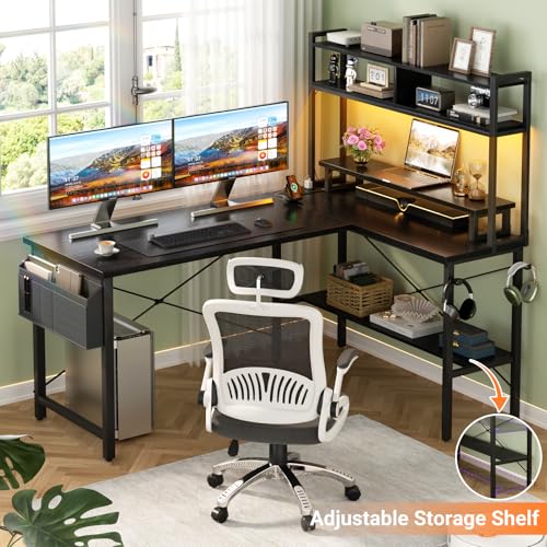 Aheaplus L Shaped Gaming Desk with Power Outlets & LED Lights, Small L- Shaped Desk Computer Corner Desk with Monitor Stand & Storage Shelf