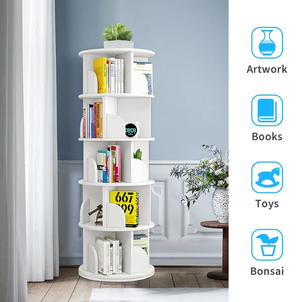bimiti 5 Tier Rotating Bookshelf, 360° Revolving Bookcase 20 Shelves Floor-Standing Storage Display Rack - White 63"x18"x18"