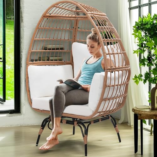 Oversized 360 Swivel Rattan Egg Chair for Adult, Indoor Outdoor Patio Large Wicker Egg Chair with Overstuffed Cushions, 440lb Weight Capacity