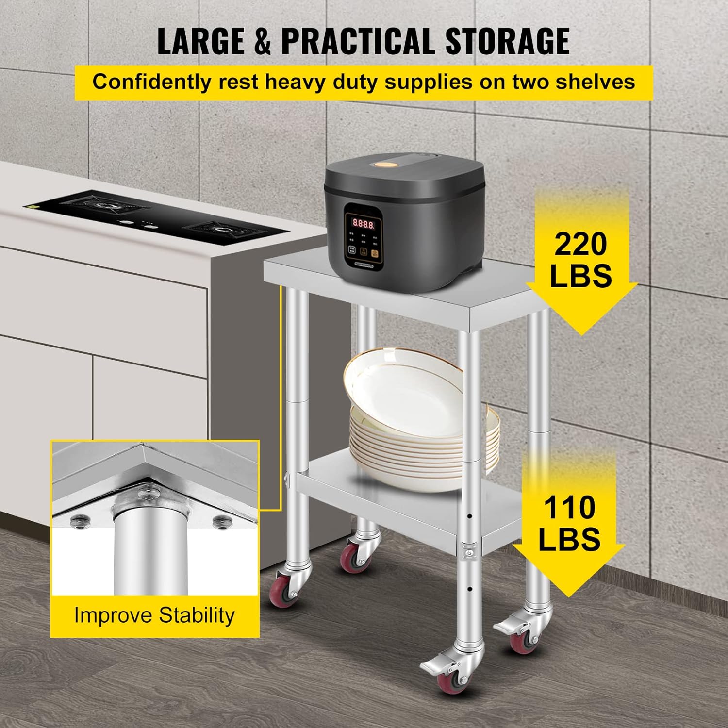 Mophorn Stainless Steel Work Table with Wheels 24 x 30 Prep Table with casters Heavy Duty Work Table for Commercial Kitchen Restaurant Business (24 x