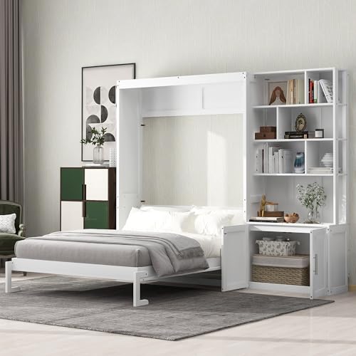Queen Size Murphy Bed with Desk, 68 inch Murphy Bed Frame, Solid Wood Foldable Platform Bed,Foldable Cube Cabinet Queen Platform Bed