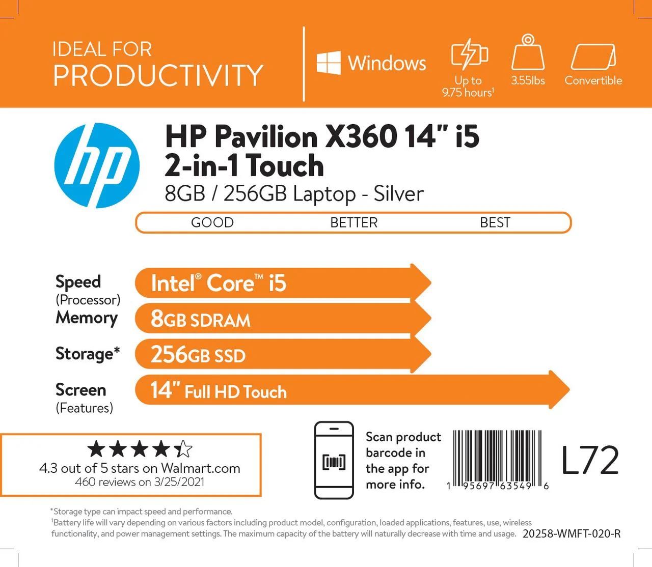HP Pavilion 14" FHD Touch x360, Intel Core i5-1135G7, 8GB RAM, 256GB SSD, Silver, Windows 10, 14-dw1010wm