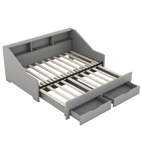 Merax Twin to King Daybed with Storage Bookcases and Two Drawers, Wood Bed Frame with Trundle and USB Charging Design for Bedroom, Guest Room
