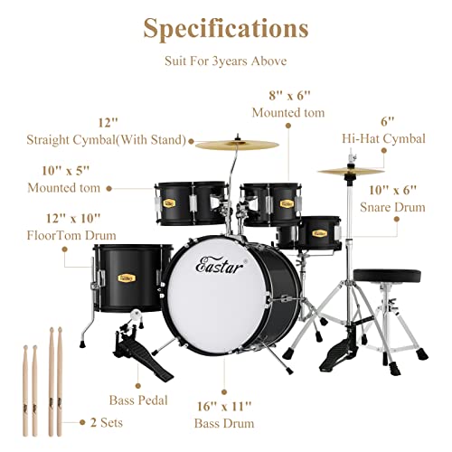 Drum Set Eastar 16 inch 5-Piece, Junior Drum Kit for Beginners Kids Teenagers with Adjustable Throne and Cymbal, Pedal & Drumsticks