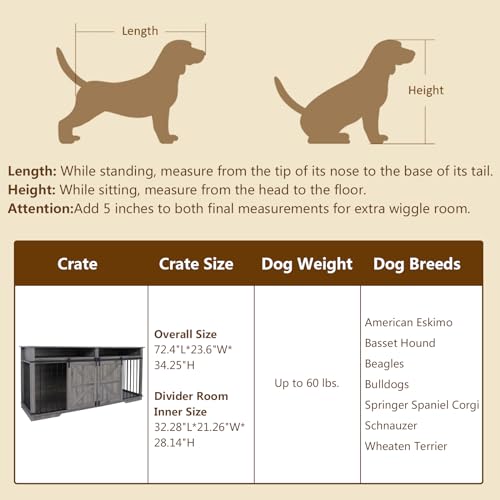 Aoowow Large Double Dog Crate Furniture 72.4" Indoor Dog Kennel with Sliding Barn Door and Divider
