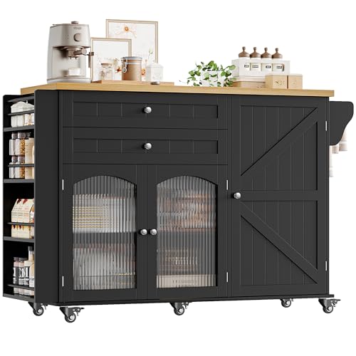 FINETONES Kitchen Island with Storage, Rolling Kitchen Island on Wheels with Wood Drop Leaf Countertop