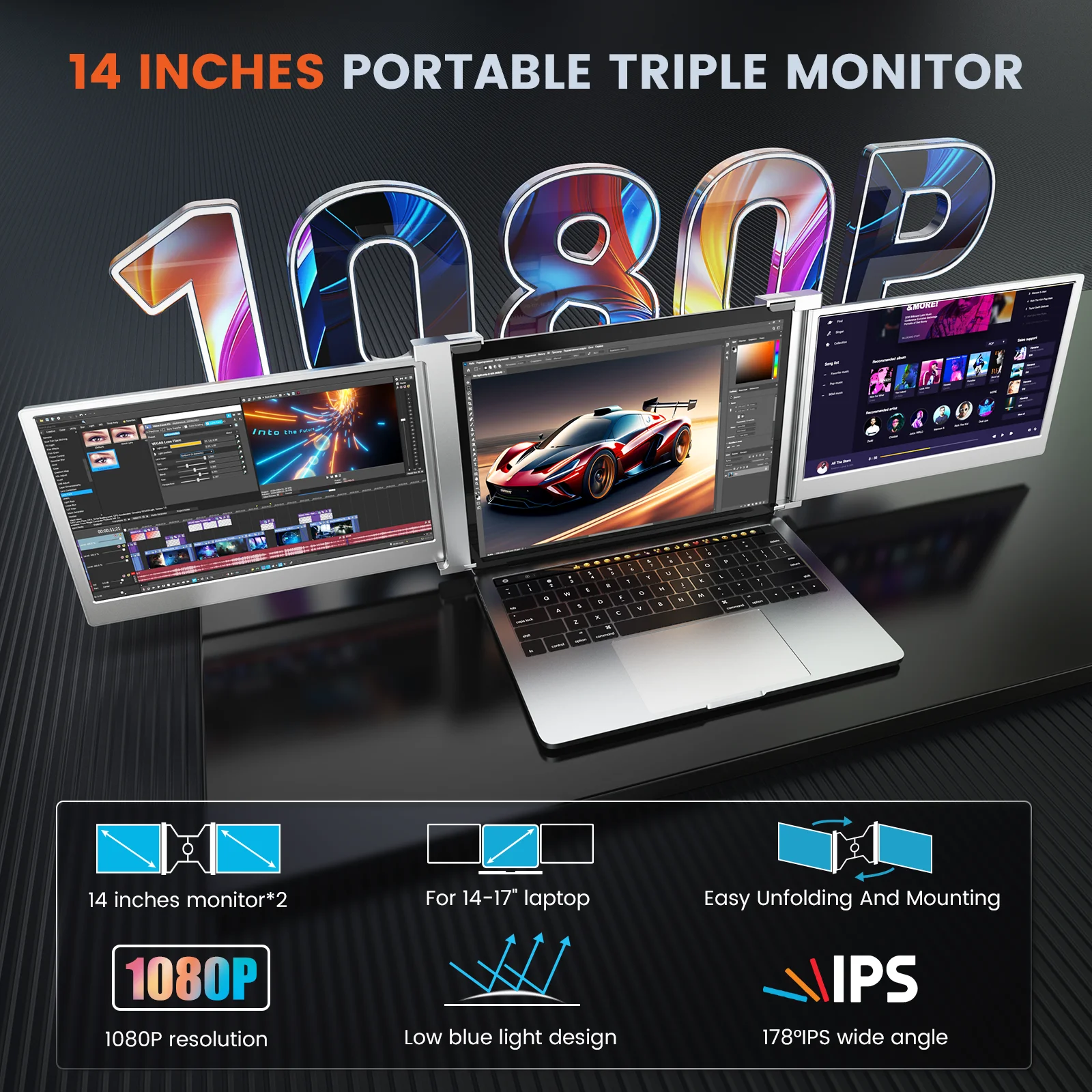 LIMINK Portable Triple Monitor Extender with 14inch Screen Used for 15-17inch Laptop Workstation Laptop Expansion Screen FHD 1080P Folding Screen IPS