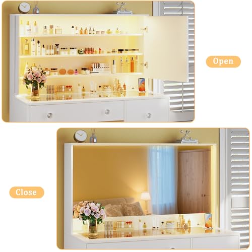 Vanity Desk with Mirror and Lights, 50" Makeup Vanity with Glass Top & Power Outlet, White Vanity with 11 Drawers & 8 Hidden Storage Shelves