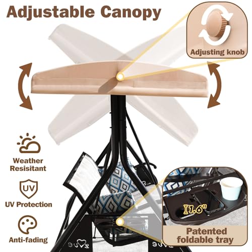 3 Person Patio Swing Outdoor Swing for Adults with Adjustable Canopy &Upgraded Cup Holders Textilene Fabric Porch Swing Chair with Stand Heavy Duty