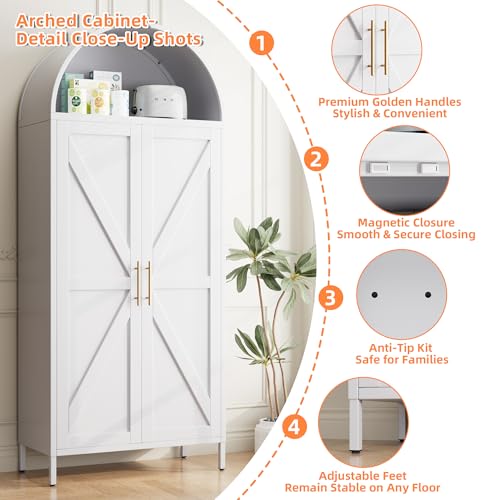 Tall Kitchen Pantry Cabinet, Metal Display Storage Cabinets with 4 Doors/2 Drawers for Kitchen Home Office Living Room, Assembly Required