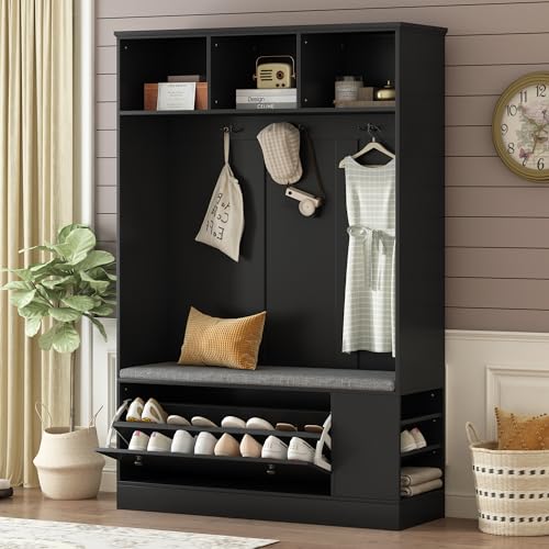 Wide Design Hall Tree with Storage and Bench, 4-IN-1 Multi-functional Entryway Bench with Coat Rack and Shoe Cubbies, Practical Furniture for Hallway