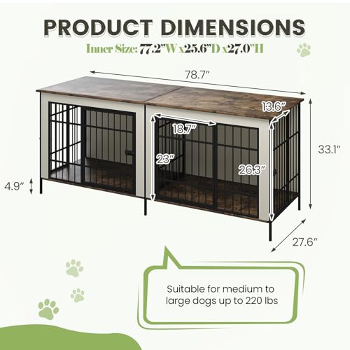 Erinnyees 79" Double Dog Crate Furniture, Extra Large Dog Cage Large Breed, Wooden Dog Crate TV Stand, Furniture Style Dog Kennel with Divider, Beige
