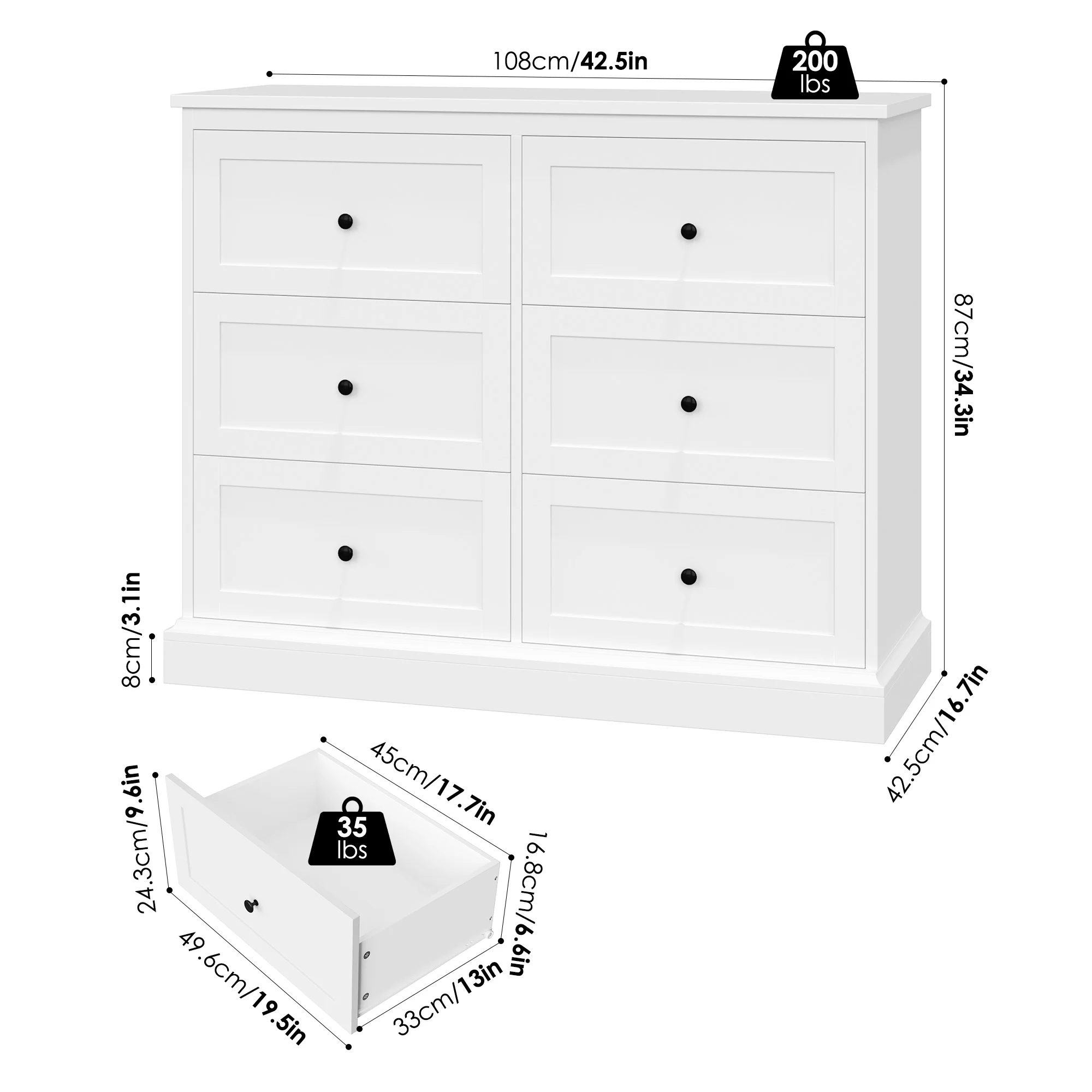 Homfa White Dresser with 6 Drawer , 42.5" Wide Double Dresser for Bedroom, Wooden Dresser Chest of Drawers