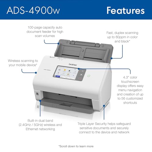 Brother ADS-4900W Professional Desktop Scanner with Fast Scan Speeds, Duplex, Wireless, and Large Touchscreen, White
