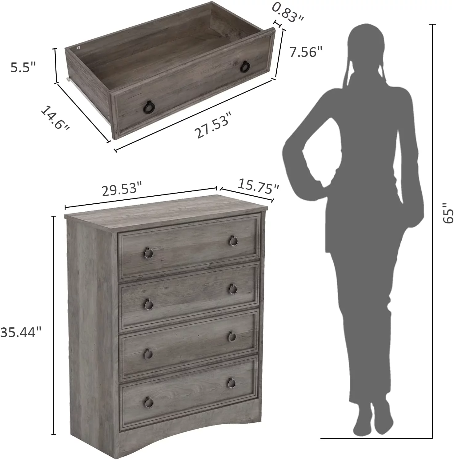 LGHM 4 Drawer Dresser, Modern Wood Chest Dresser for Bedroom Livingroom Gray