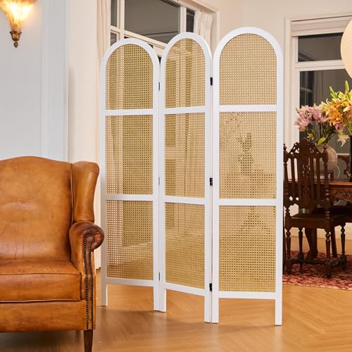 Room Divider and Folding Privacy Screens, Pine Wood 5.6 Ft Double Hinged Rattan Partition Freestanding Wall Room Divider for Home - 3 Panels