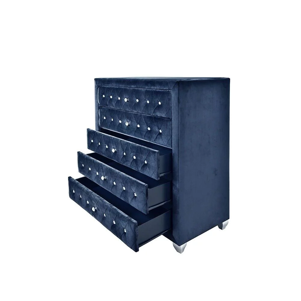 Modern 6Pc King Size Bed Dresser Mirror Nightstand Chest Set Master Bedroom Furniture Blue Velvet