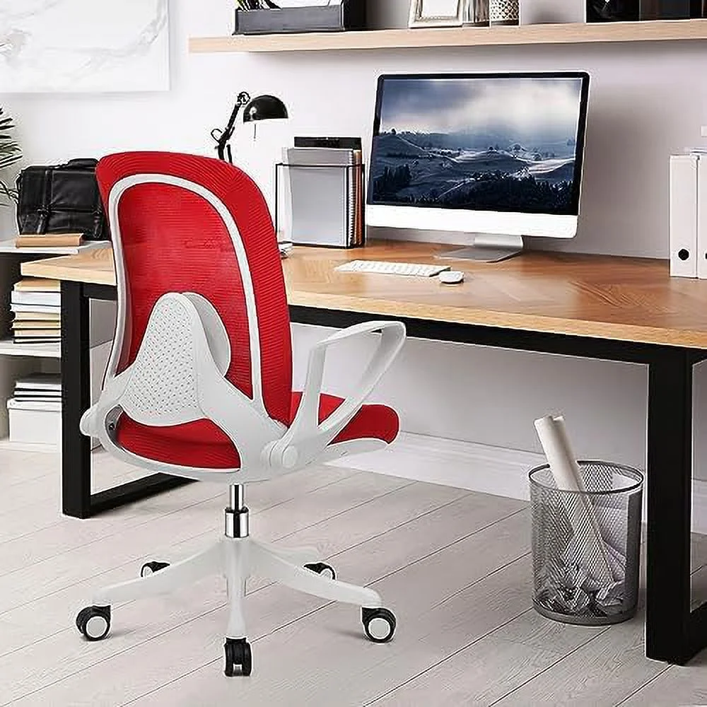 Office Desk Chair Mid-Back Mesh Swivel Chairs  Ergonomic Office Computer Chair with Flip-Up Arms  Red