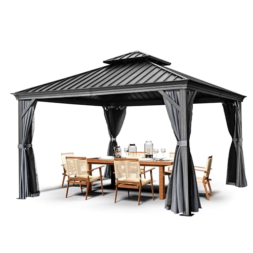 HAPPATIO 10' x 12' Hardtop Gazebo with Netting and Curtains, Double Roof Permanent Patio Metal Gazebo Canopy for Patio, Deck, Backyard （Gray）
