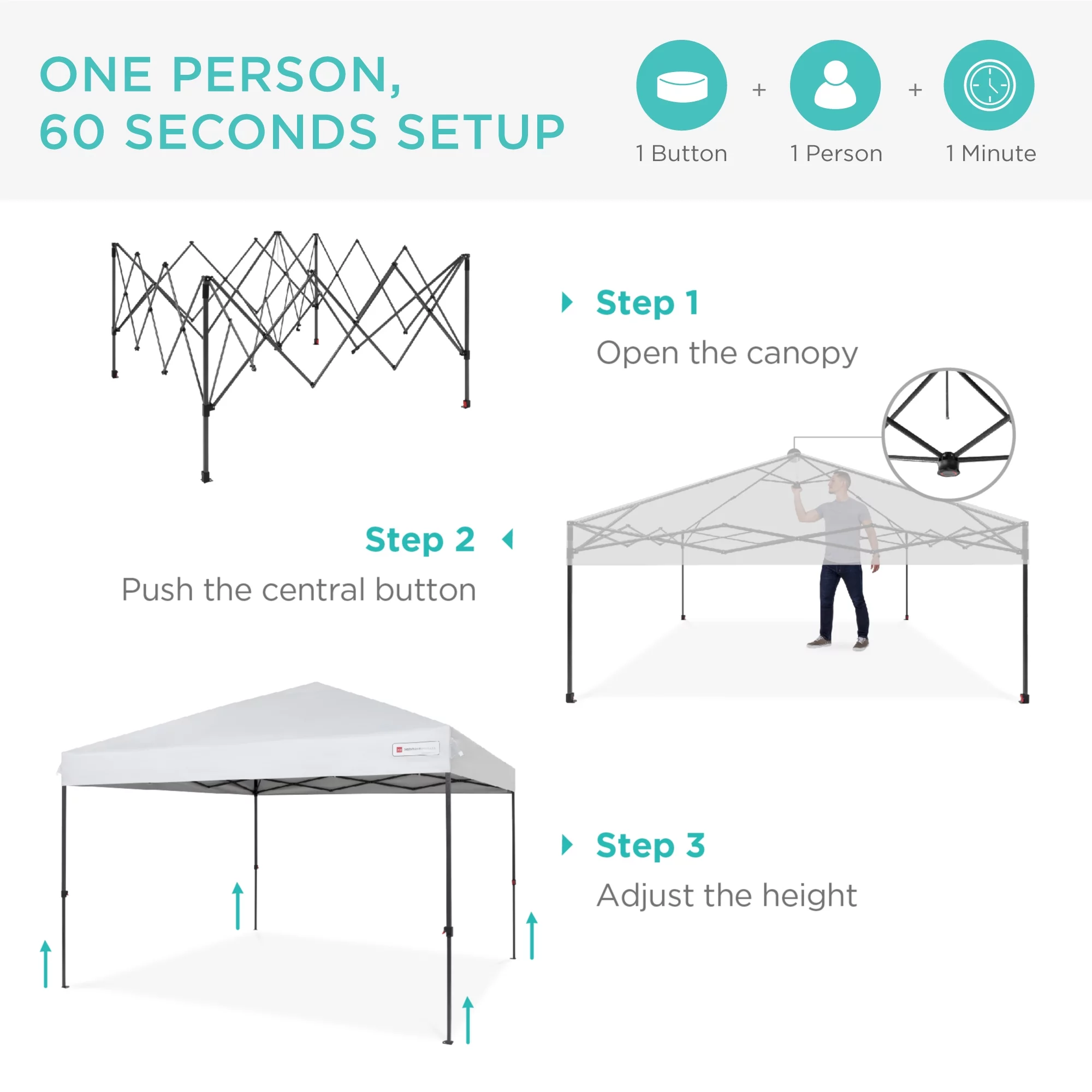 Best Choice Products 10x10ft Easy Setup Pop Up Canopy Instant Portable Tent w/ 1-Button Push, Carry Case - White - Radiant Selections