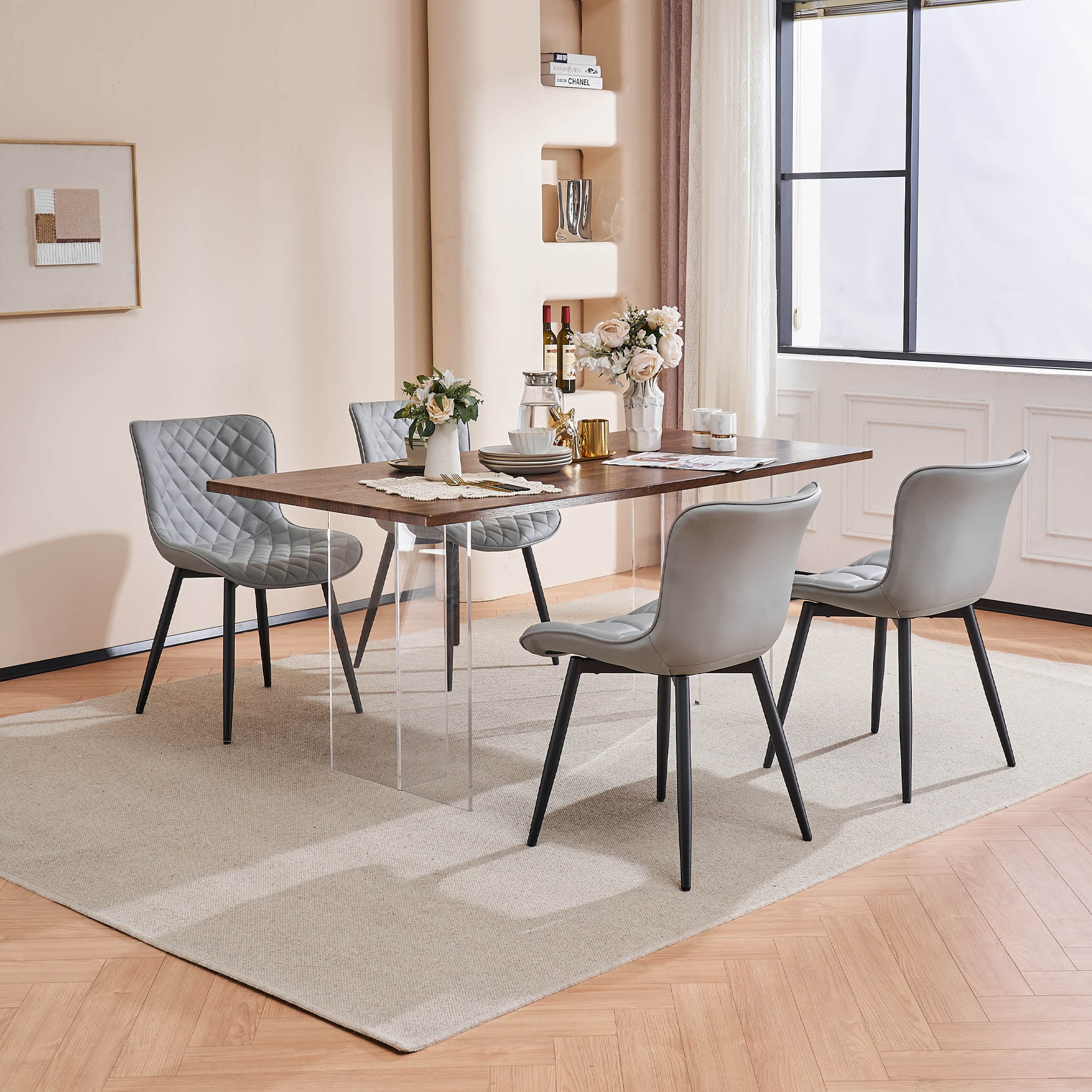 YOUNIKE Dining Chairs Set of 2 PU Leather Diamond Grid Upholstered Modern Dining Room Side Chair, Gray