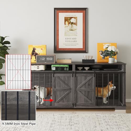 Aoowow Large Double Dog Crate Furniture 72.4" Indoor Dog Kennel with Sliding Barn Door and Divider