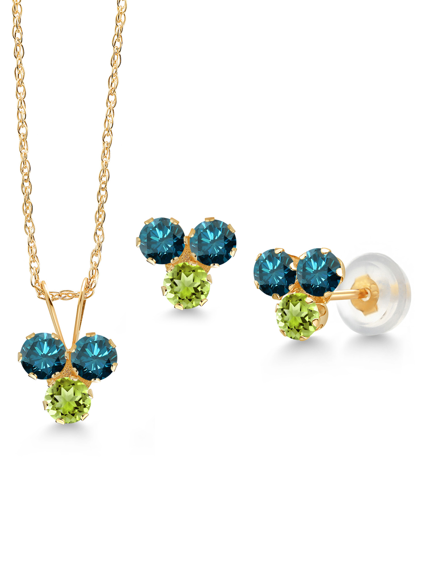 Gem Stone King 14K Yellow Gold Blue Diamond and Green Peridot 3 Stone Pendant and Earrings Jewelry Set For Women (0.96 Cttw, Round 3MM