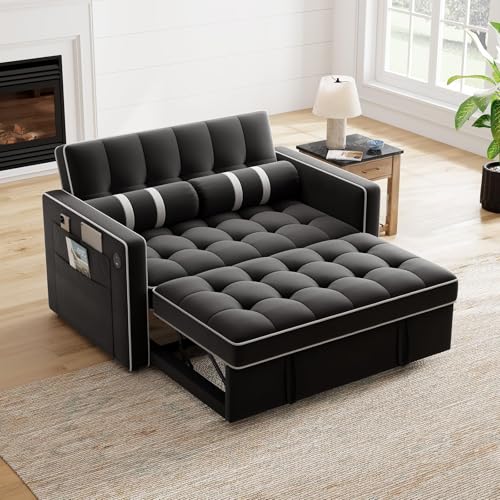 Marsail Sofa Bed, 3-in-1 Convertible Sleeper Sofa, Futon Couch with USB Charging, Side Pockets & Adjustable Backrest, Pull Out Couch for Living Room