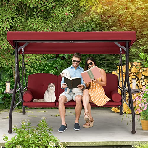 HOMREST 3 Seat Outdoor Porch Swing with Adjustable Canopy, Convertible Patio Swing Bed with Stand, Patio Glider Swing with Upgraded Cup Holder
