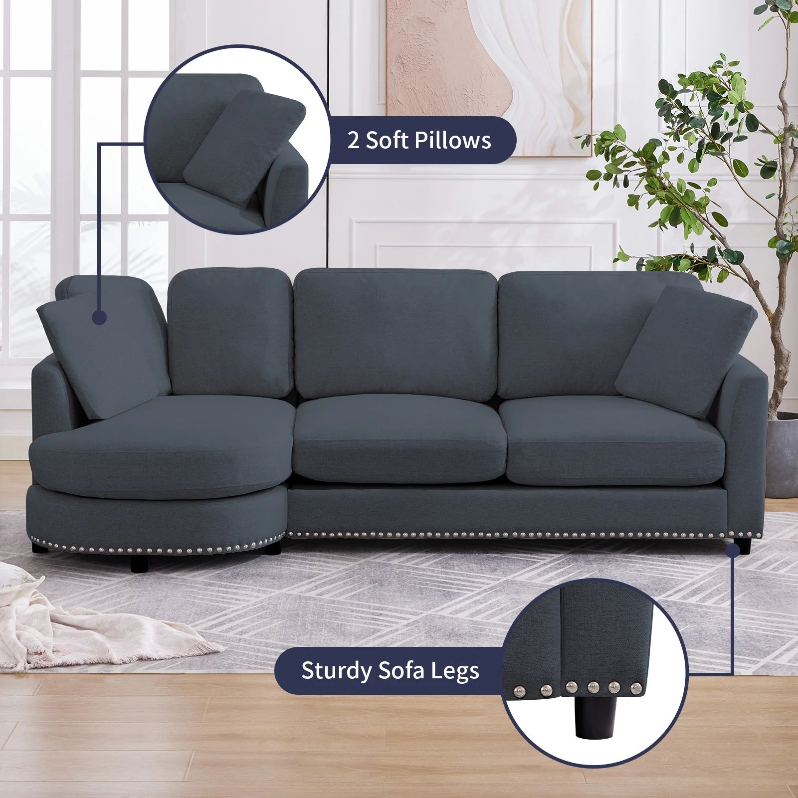 ZAFLY 3 Seater Sofa Couch, L Shaped Couch with Chaise, Curved Couches for Living Room - Dark Grey - Curated Treasures Market