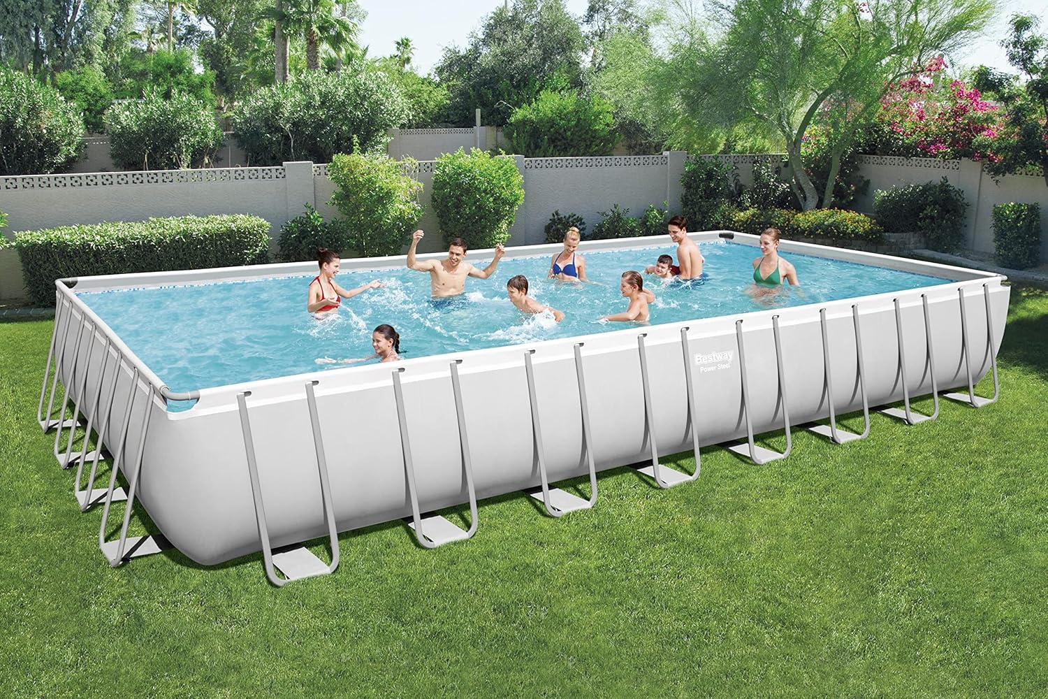 Bestway 56711E Power Steel 18' x 9' x 48 Outdoor Oval Frame Above Ground Swimming Pool Set with 1500 GPH Cartridge Filter Pump, Cover, & Ladder, Gray
