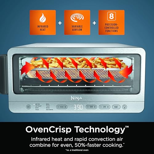 Ninja Digital Air Fry Countertop Oven, 8-in-1 Functionality, 1800W, Flip-Up Design, XL Capacity, Air Fry Basket, Wire Rack & Crumb Tray, Silver, SP101